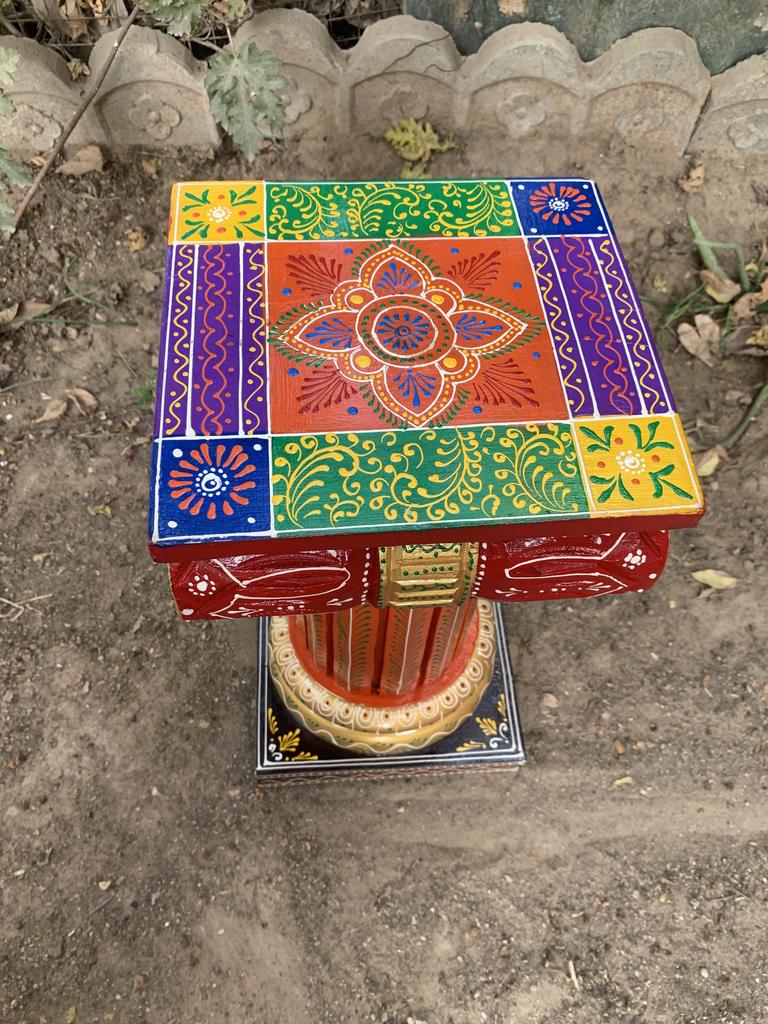 Hand Painted Wooden Chowki Pedestal Table | Indian Folk Art Statue Stand