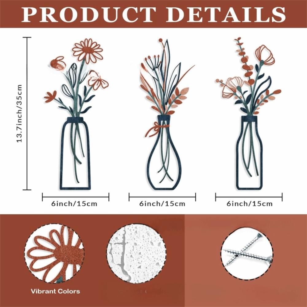 3 Pieces Set Metal Material Metal Flowers Wall Art 3D Boho Farmhouse Floral Decor Vase Design 3D Flower Vase Living Room