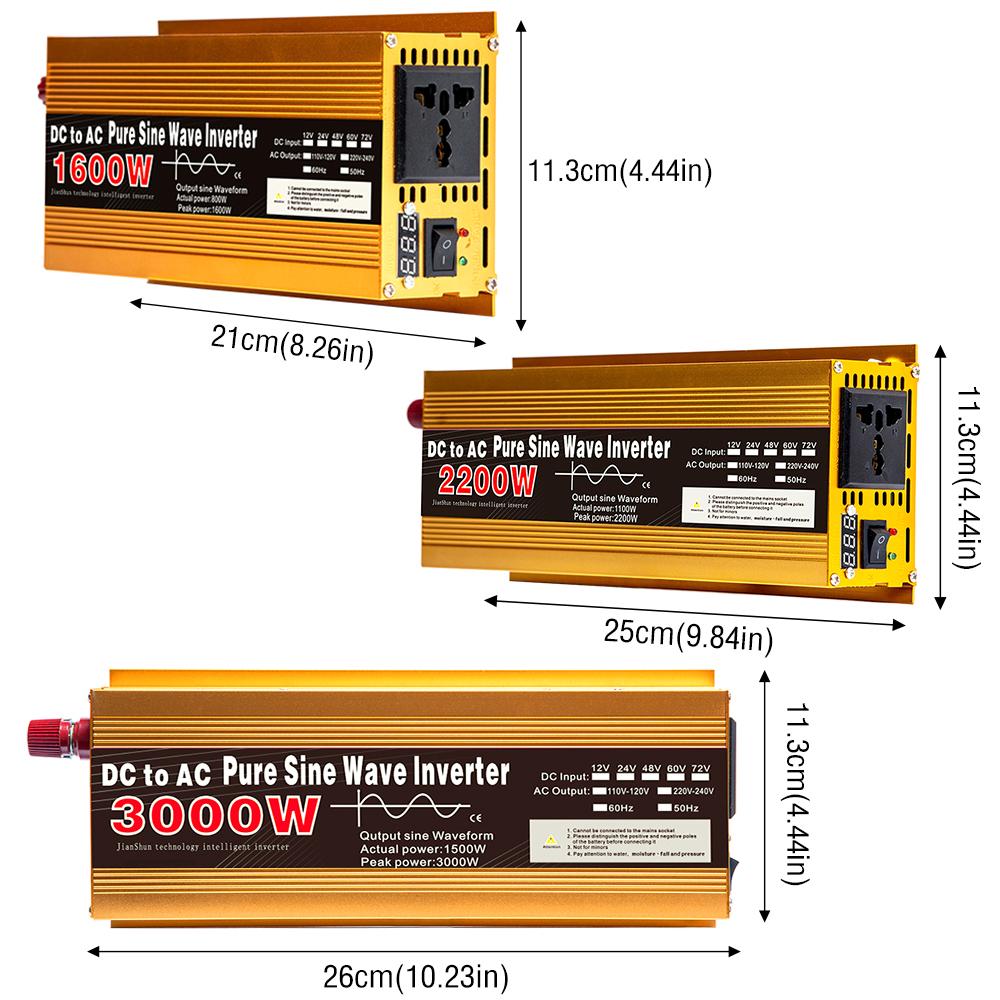 Инвертор 12 В 220 В Чистая синусоида 1600 Вт 3000 Вт DC в AC Портативный преобразователь напряжения Многофункциональный автомобильный солнечный инвертор