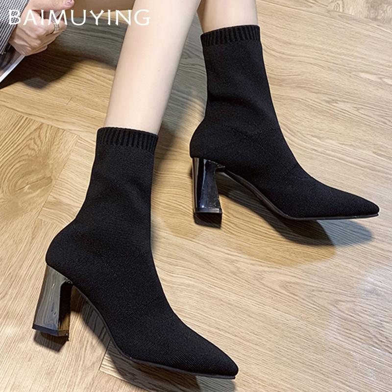 Массивные женские ботильоны-носки, вязаные с острым носком, высокие каблуки, туфли-лодочки 2025 года, дизайнерские туфли-лодочки, сексуальные зимние ботинки-лодочки