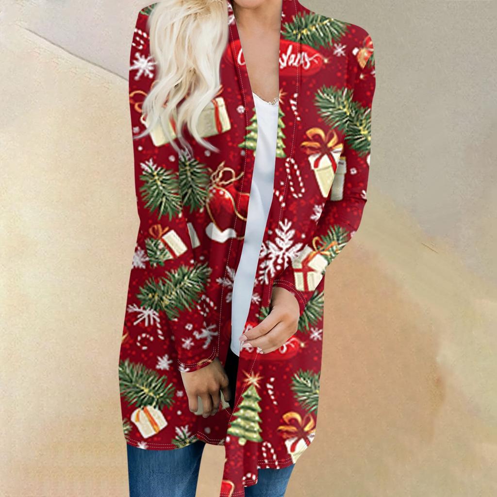 Женский модный и повседневный рождественский принтованный кардиган средней длины с длинными рукавами