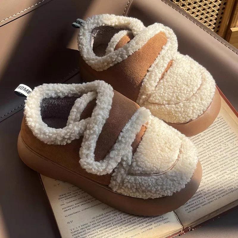 Fashion Keep Warm Lamb Wool Ankle Boots Women Non Slip Platform Cotton Padded Shoes Woman Flat Heel Plush Winter Boots Female