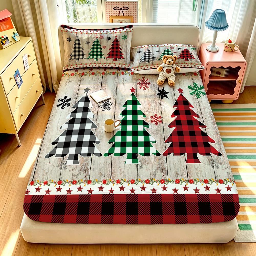 Christmas theme fitted sheet Christmas Tree Red Printed Coreless Bed Sheet Set Multi Size Bed Cover Holiday Decoration