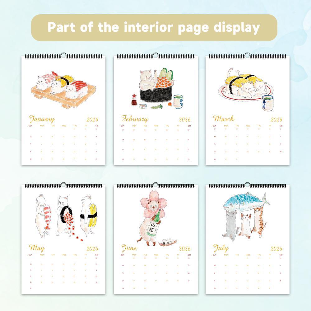 1 шт. Настенный календарь на 2026 год, Милый дизайн с японскими кошками, Кошки-суши, Месячный план на 12 месяцев, Идеальный подарок на дни рождения и праздники