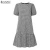 ZANZEA Женское повседневное платье с круглым вырезом, принтом в клетку, летнее, с коротким рукавом