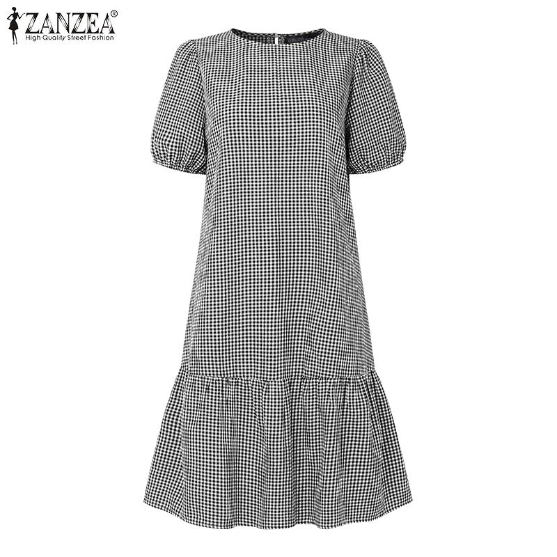 ZANZEA Женское повседневное платье с круглым вырезом, принтом в клетку, летнее, с коротким рукавом