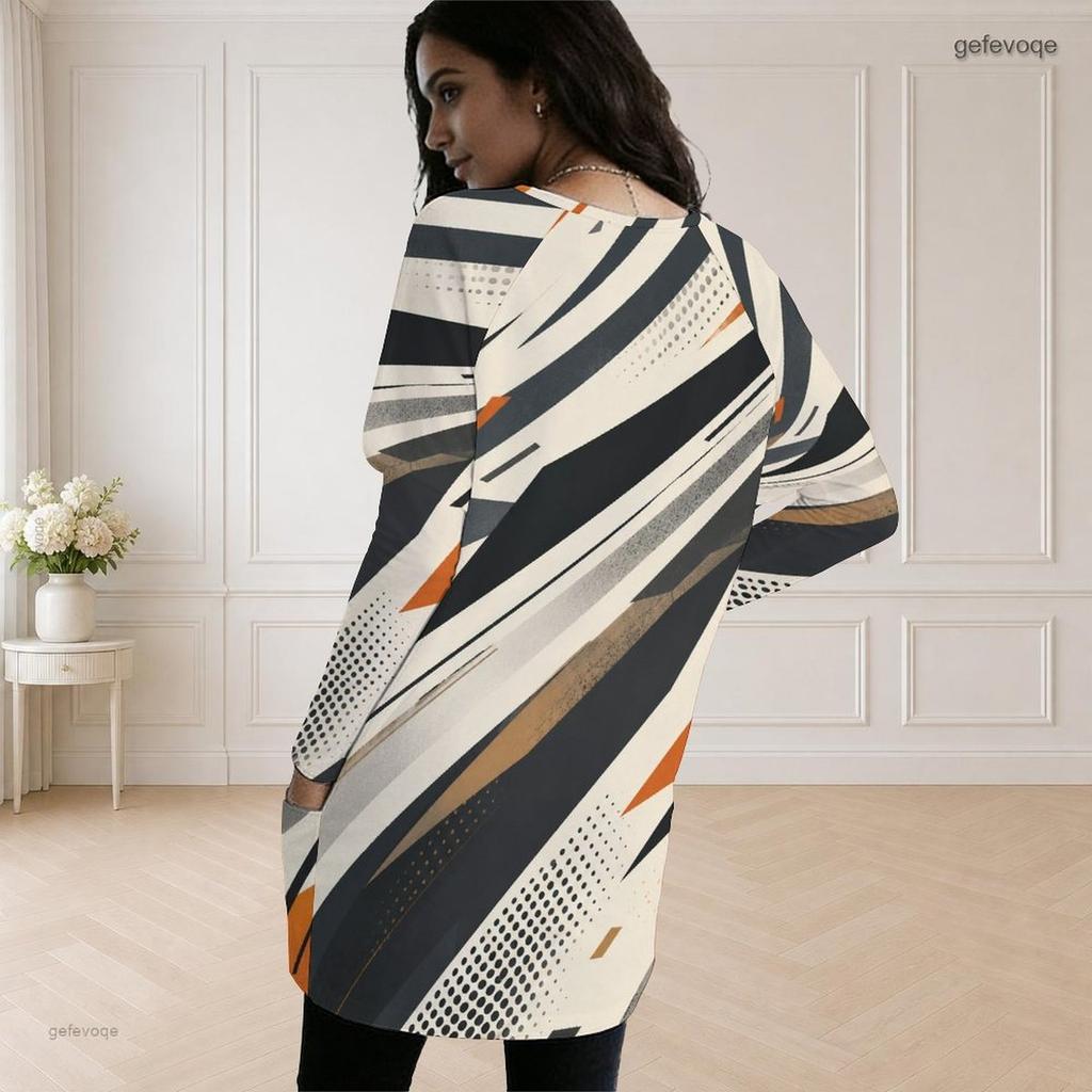 Women Plus Size Round Neck Long Sleeve Striped Printed Loose Longline Top With Pockets