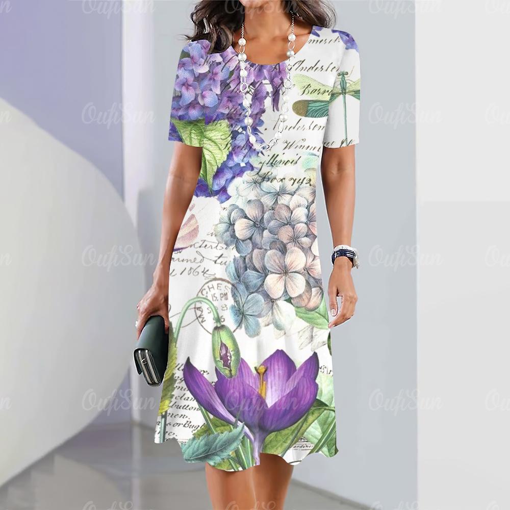 2024 New Women's Dresses Floral Printed Summer Luxury Midi Dresses Feamle Short Sleeve Dress Fashion Oversized Clothes
