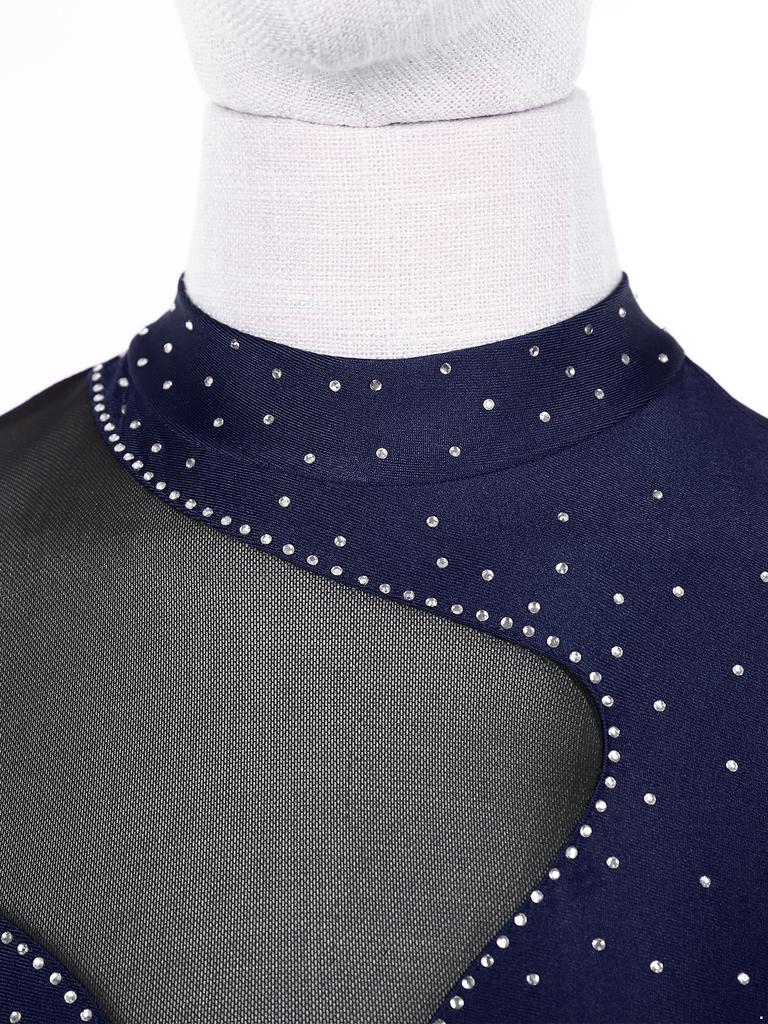 Женский сверкающий комбинезон с цветными блоками, прозрачной сетчатой вставкой, вырезом на спине, длинными рукавами и стразами