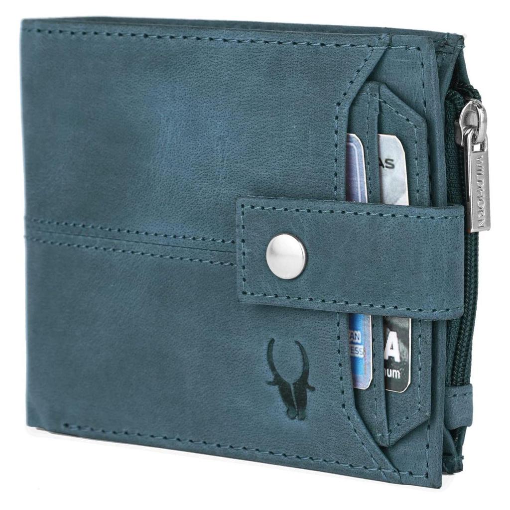 Leather Wallet for Men Ultra Strong Stitching Handcrafted Zip Wallet with 9 Card Slots 2 ID Slots (Blue Hunter)