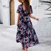 Женское летнее платье макси в стиле бохо с глубоким V-образным вырезом, оборками и короткими рукавами, шифоновый пляжный сарафан, повседневные длинные платья с цветочным принтом