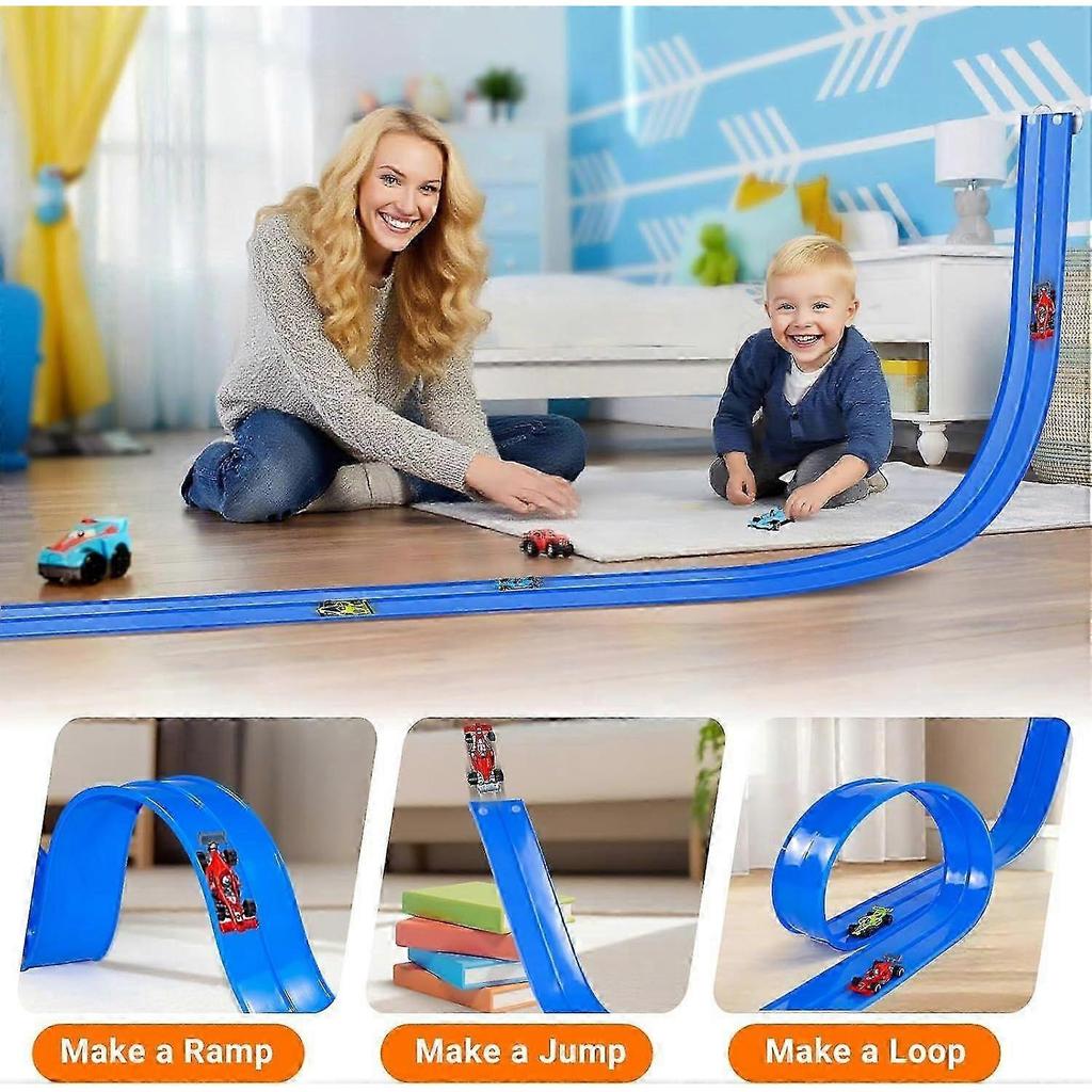 Flexible Race Car Track for Kids Toy, Portable Roll-Up Flex Track Racetrack with Suction Cups & 4 Wheels, Compatible with 1:64 Scale Model Cars