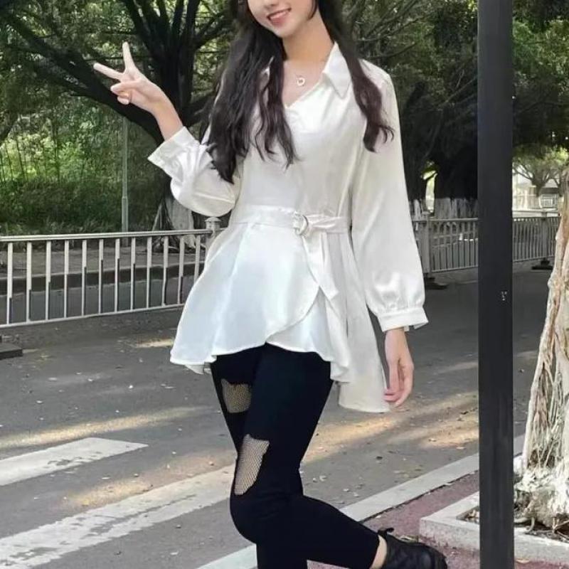 Новые модные весенне-осенние тонкие белые женские классические рубашки с длинным рукавом и поясом для офисной женской рабочей одежды, топы с v-образным вырезом, черная рубашка