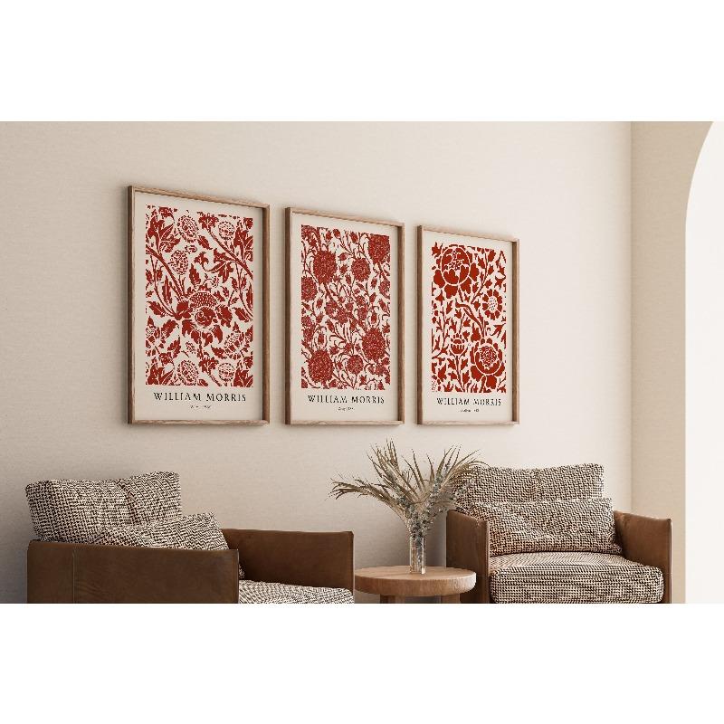 Set of 3 William Morris Prints, Botanical Wall Decor, Vintage Red Pattern Poster, Retro Canvas, Printable Decor