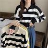 Women's Striped Polo Collar Knitted Sweater, Small Size, Autumn Long-Sleeved Loose Fit