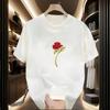 Men and Women Couple Short-sleeved T-shirt Round Neck Rose Print T-shirt Pure Cotton Simple Loose Versatile Top