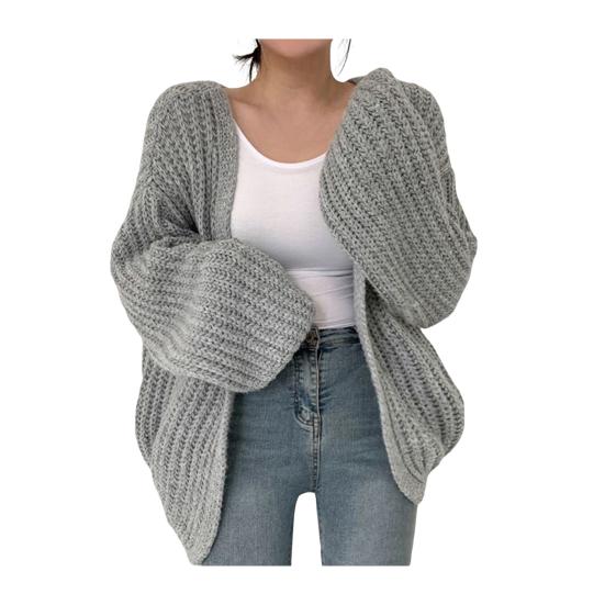 Женский свитер, пальто с v-образным вырезом, фонариком и длинным рукавом, вязаное пальто с открытой строчкой, однотонное повседневное трикотажное пальто на каждый день