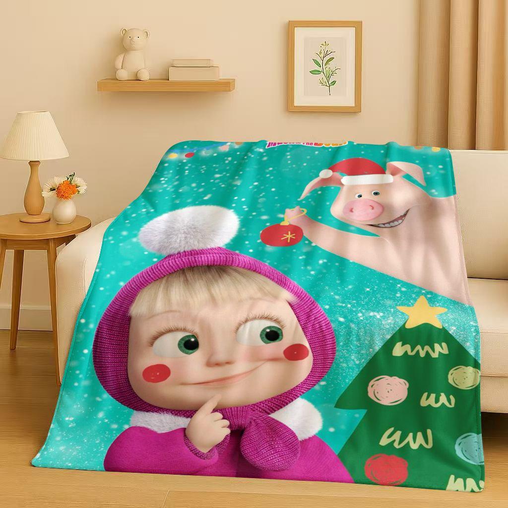 2026 New Cartoon M-Masha and B-Bear Christmas Gift Flannel Blanket,Ultra Soft Plush Throw for Home Bedroom Bed Sofa Cover Kids