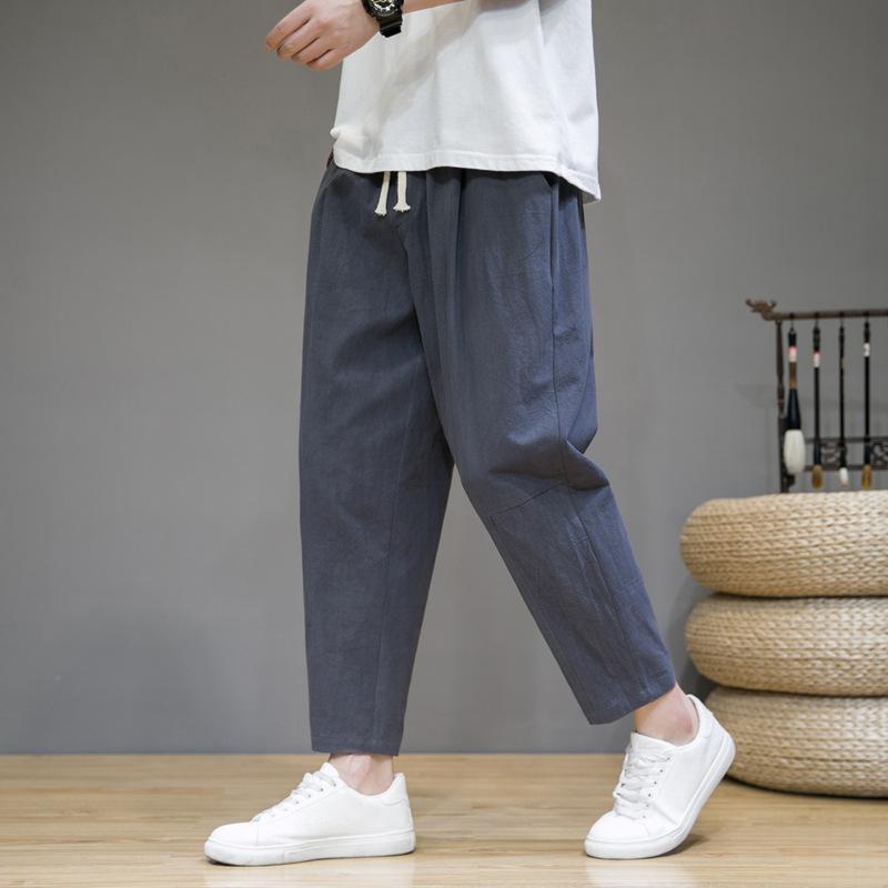Весенние мужские однотонные свободные брюки из хлопка и льна в китайском стиле с девятью точками, модные повседневные спортивные брюки