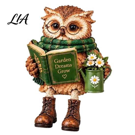 Farmhouse Style Resin Owl Sculpture Book Lover Shelf Sitter Figurine, Reading Statue Charming Nook Desktop Decor with Glasses Book, Whimsical Woodland