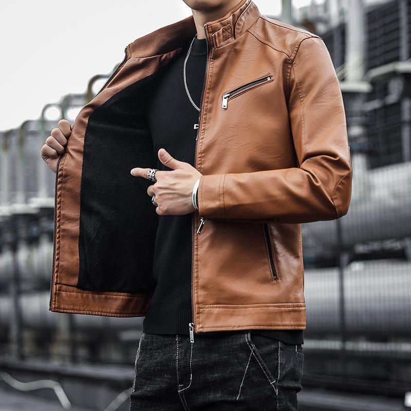 Men's PU Leather Jacket Casual Men's Stand Collar Slim Motorcycle Leather