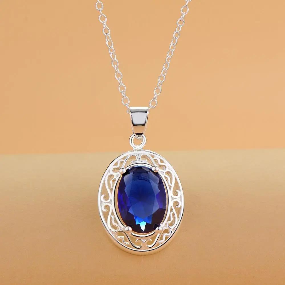 45cm Luxury 925 Sterling Silver Romantic Blue Crystal Oval Pendant Necklace for Women Fashion Party Wedding Jewelry Gifts