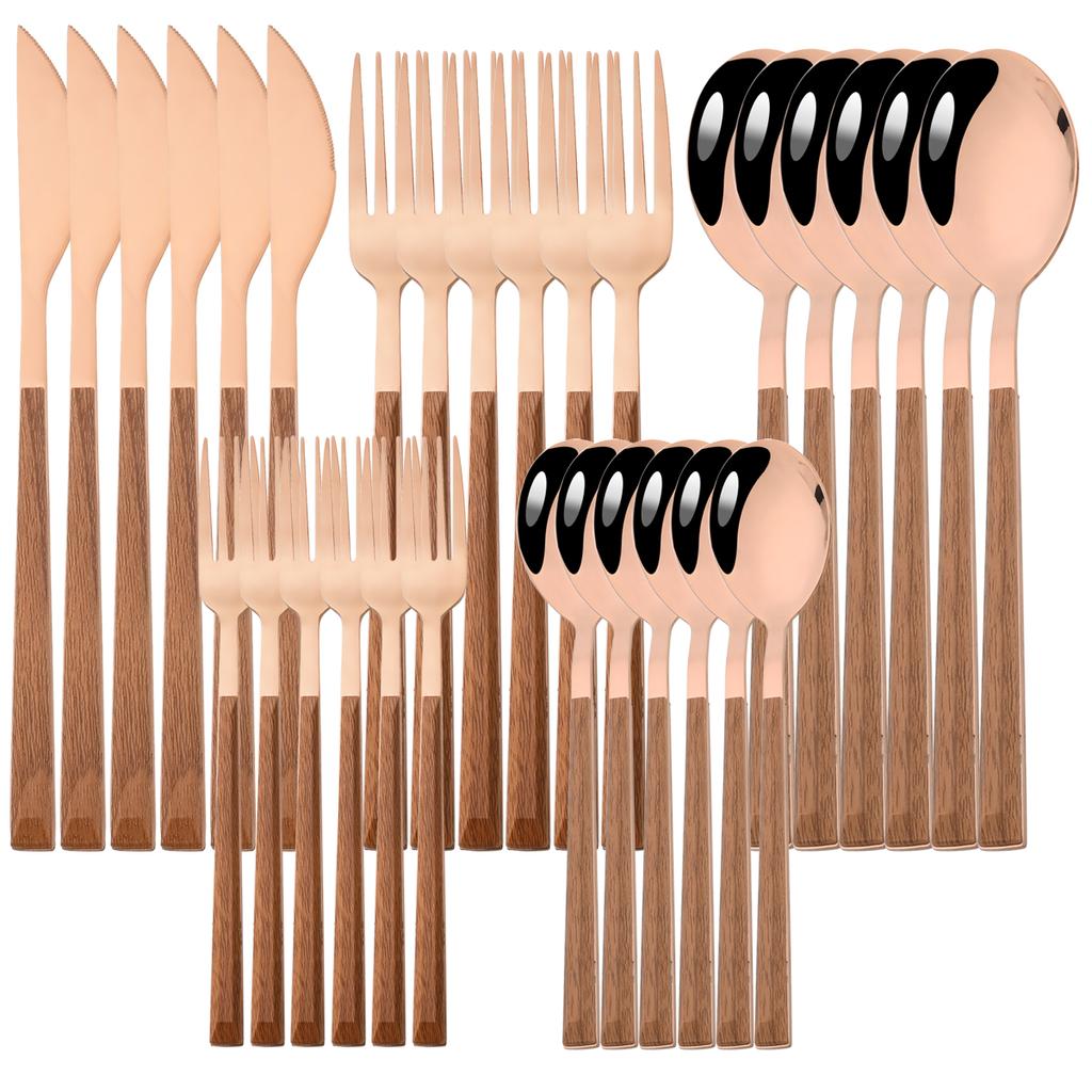 16/24/30Pcs Gold Imitation Wooden Handle Dinnerware Cutlery Set Stainless Steel Tableware Knife Fork Spoons Silverware Western Flatware