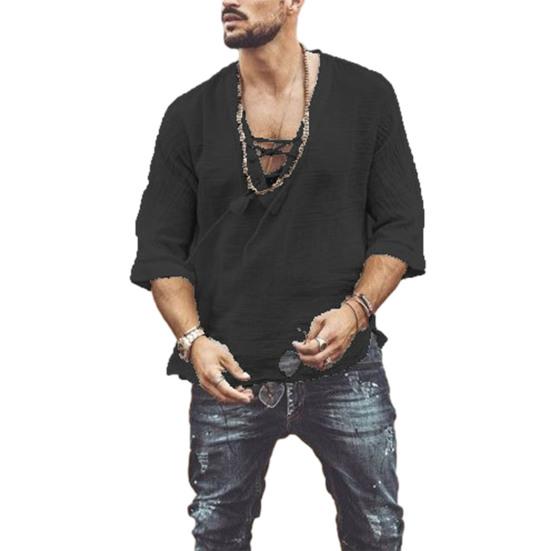 Мужская повседневная хлопково-льняная рубашка с полурукавом, V-образным вырезом и шнуровкой, футболки в богемном винтажном пляжном летнем стиле