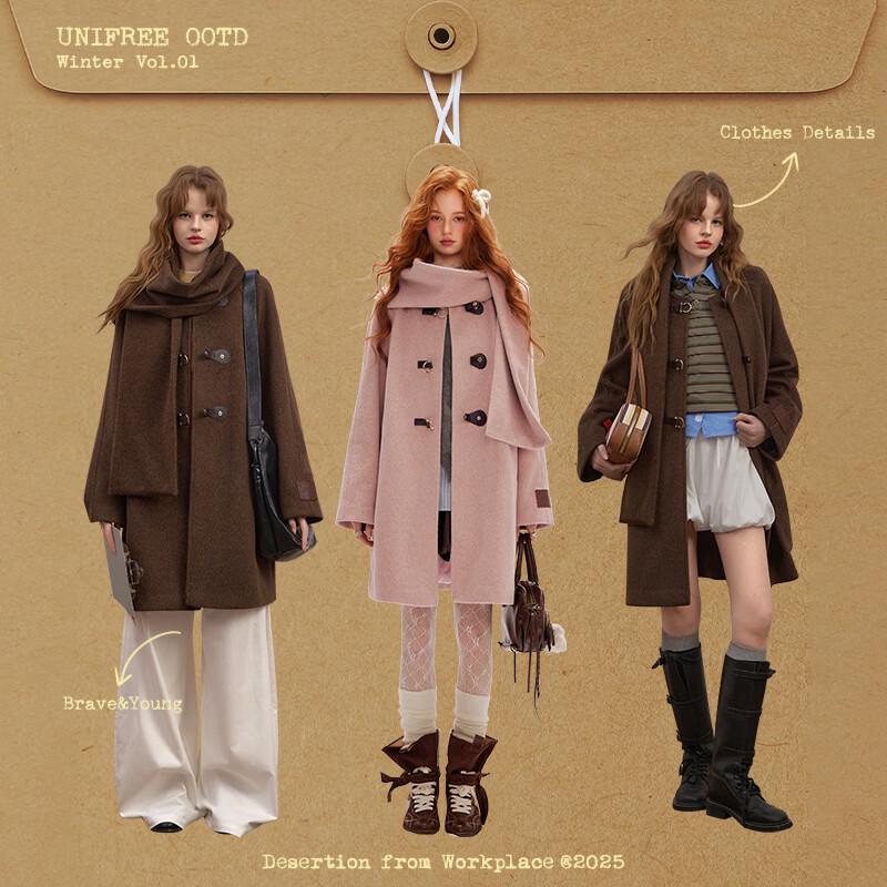 UNIFREE Korean-Style Commuter Woolen Coat with Scarf