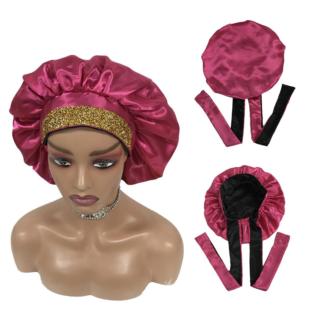 Double Layered Bling Satin Bonnets with Ties Silk Bonnets and Hair Wraps Custom logo Bonnets for Women