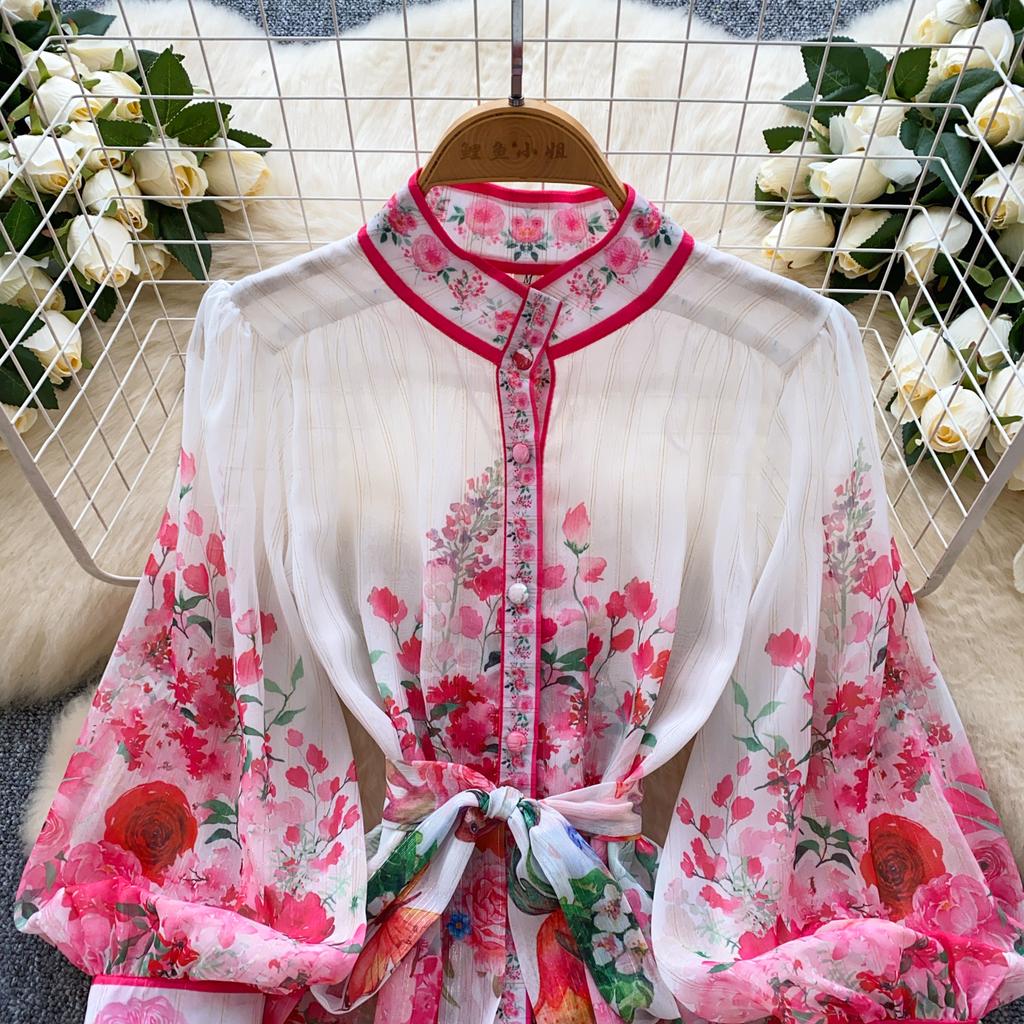 Spring Summer Women Lantern Sleeve Print Chiffon Mini Short Chic Boho Holiday Beach Lace-up Dresses