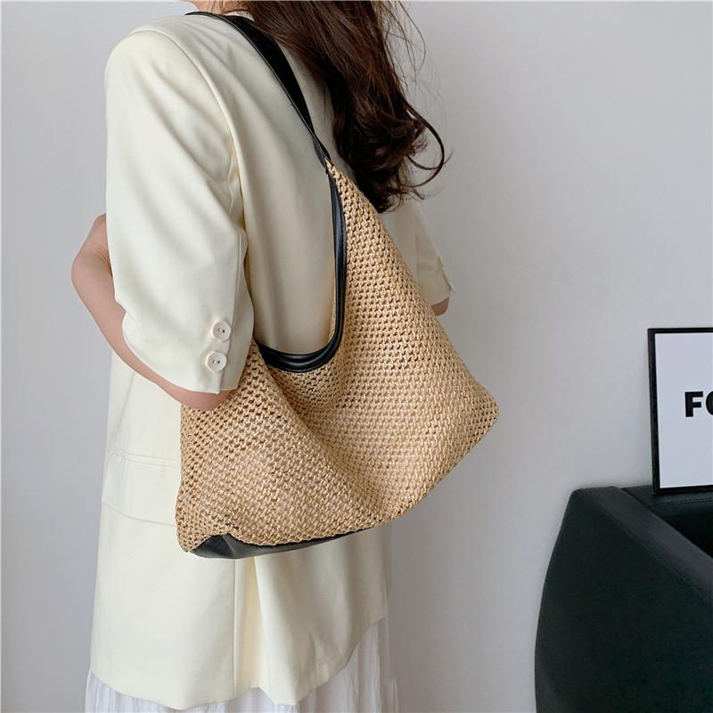 Straw Bucket Bag for Women Handwoven Woven Shoulder Bag Casual Underarm Tote Large Capacity Solid Color for Vacation and Daily Use