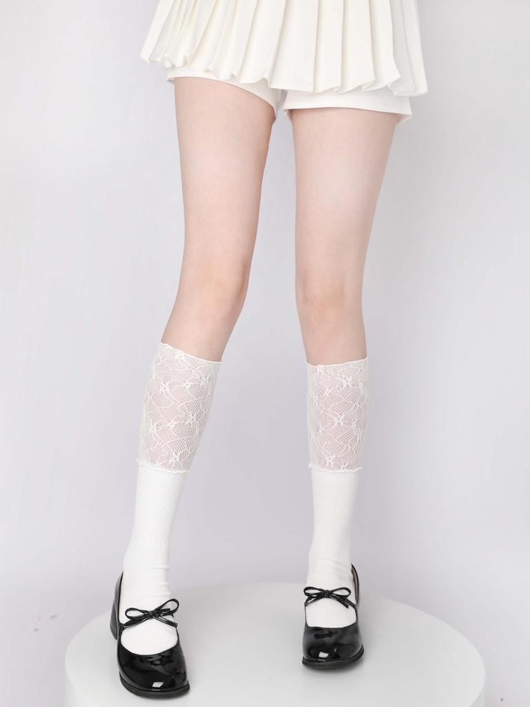 Lolita Lace Frill Mid-Calf Socks with Bow Ribbon - White Ballet Style JK Knee-Highs for Spring & Autumn