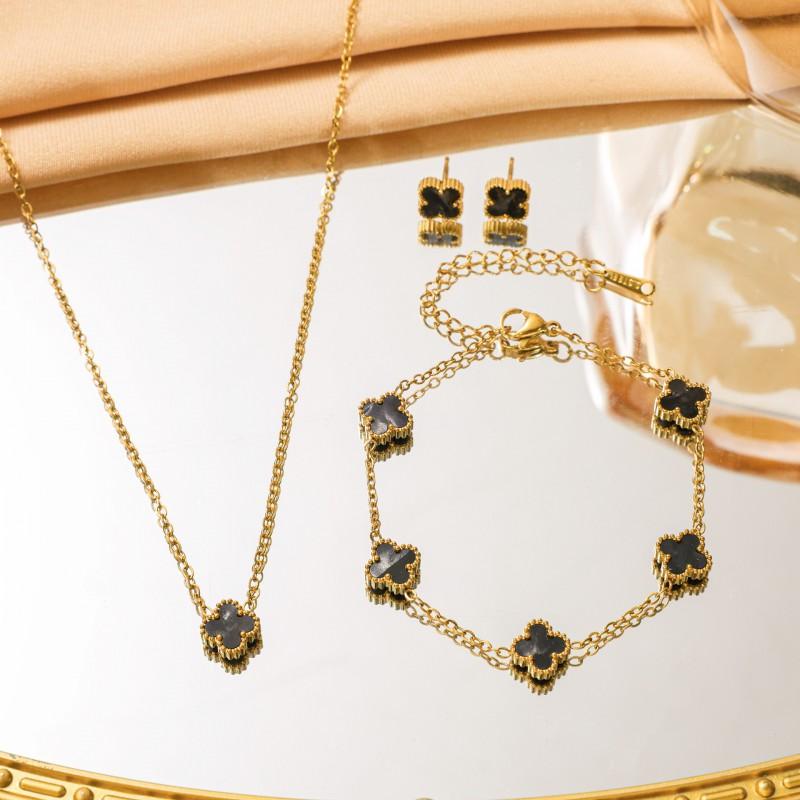 Stainless Steel Gold-Plated Clover Necklace Set Women Gradient Color Pendant DelicateChain Earrings Fresh Sweet Style