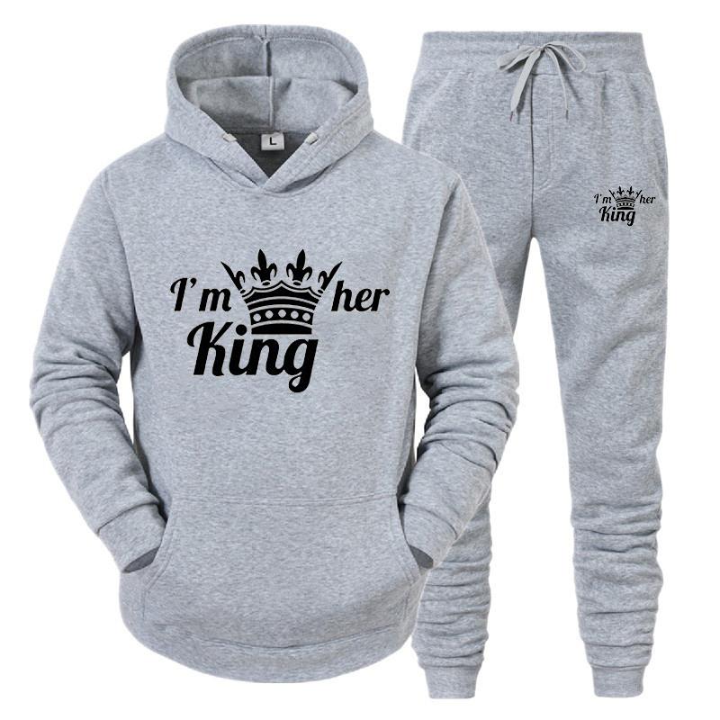 Спортивный костюм для влюбленных, толстовки с принтом QUEEN KING, толстовка для пар, одежда больших размеров с капюшоном, женские толстовки, комплект из двух предметов