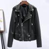 Women Jacket Faux Leather Smooth Surface Turn-down Collar Zip-up Zipper Decor Long Sleeves Motorcycle Coat Travel Outerwear