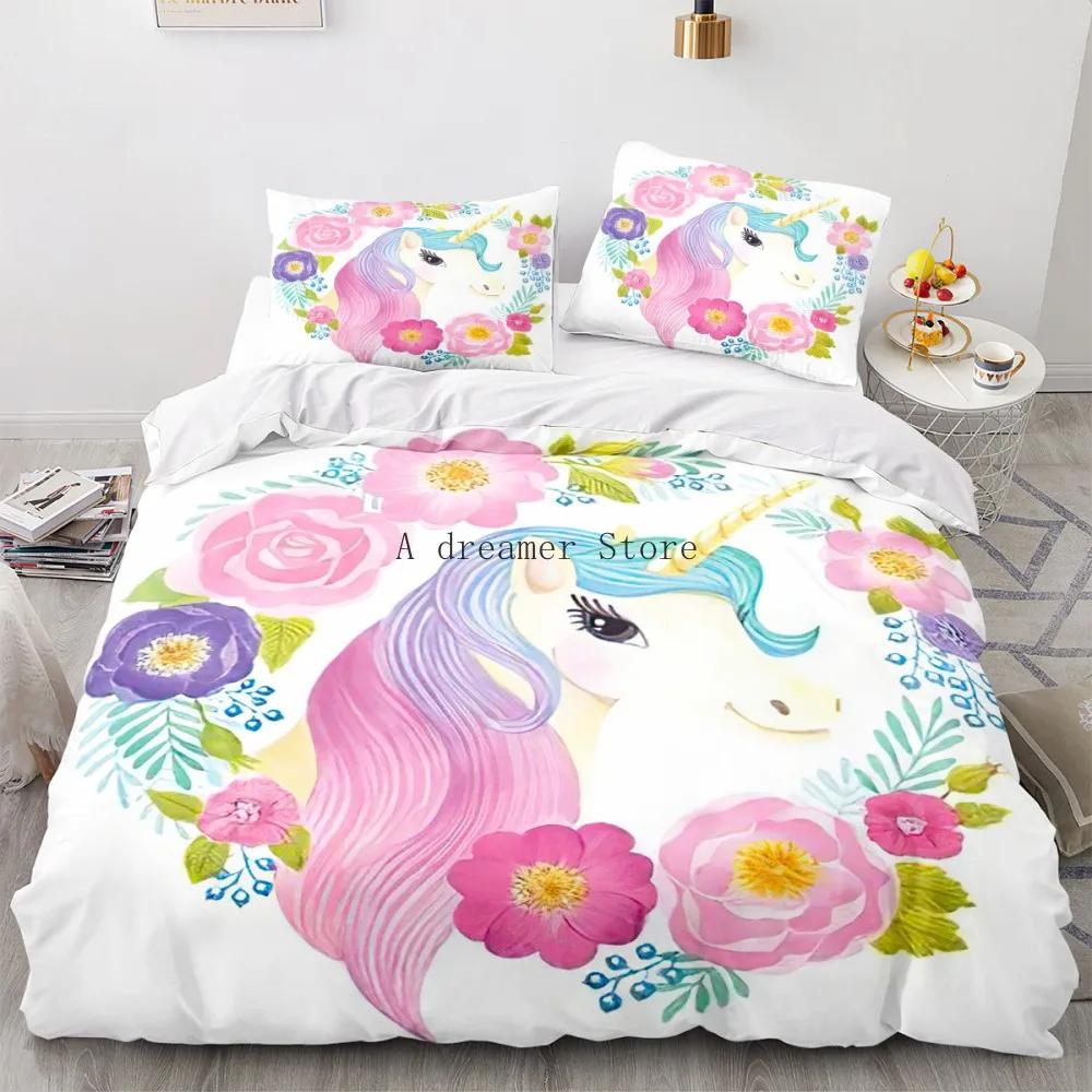 Unicorn Cartoon Rainbow Horse Bedding Set Kids Duvet Cover for Children Baby Crib Duvet Cover Set Pillowcase Lovely Bed Linens