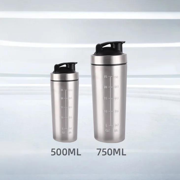 500/750ml Stainless Steel Protein Powder Shaker Bottle with Steel Ball and Scale Leak Proof Gym Fitness Sport Whey Shakes Cup
