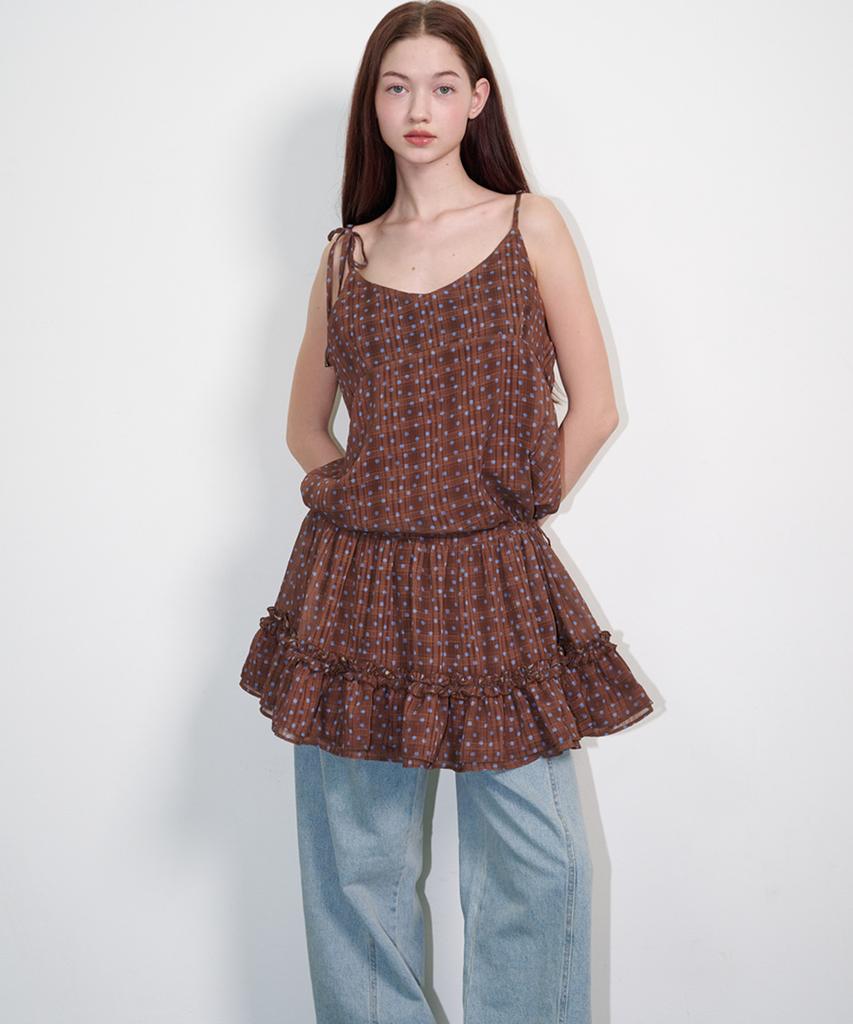 Opening Sunshine Frill Shirred Dot Mini Dress Brown