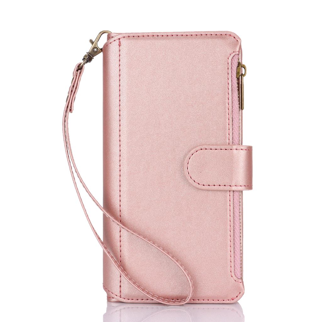 Multi Card Zippered Wallet with Short Hand Rope and Long Hanging Rope Phone Cover Case for iPhone Series/Samsung Series