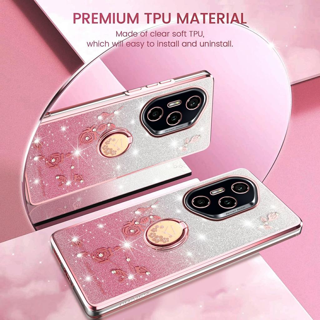 KADEM For Honor 400 Pro 5G (Global) Case Ring Kickstand TPU Flowers Phone Cover Gradient Glitter