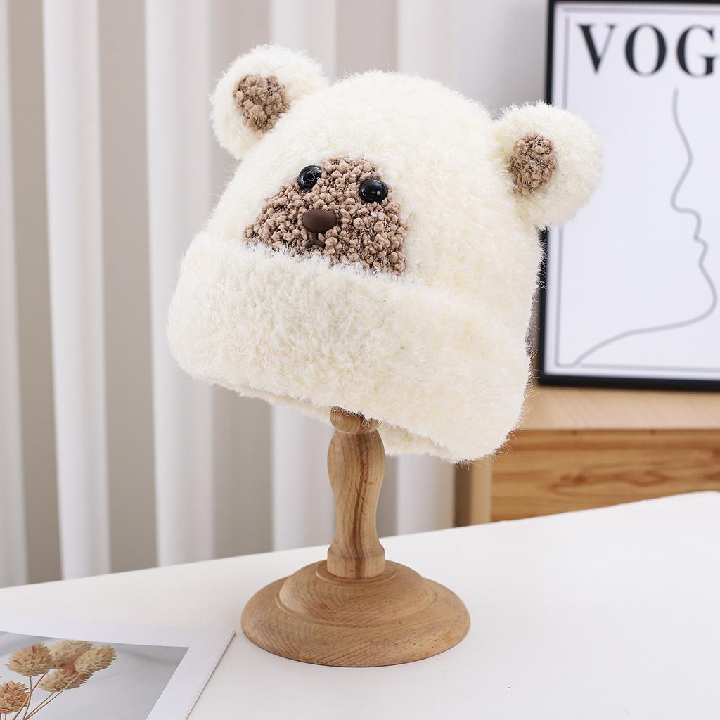 Cute Bear Warm Wool Hat Women'S Autumn And Winter Casual Thickened Velvet Knitted Hat Fashionable Cold Hat