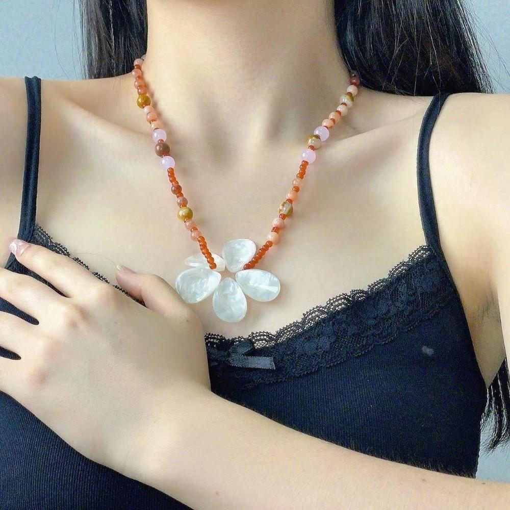 Ocean Style Shell Flower Necklace Beaded Ocean Style Neck Chain Stone Pendant Necklace  Girls