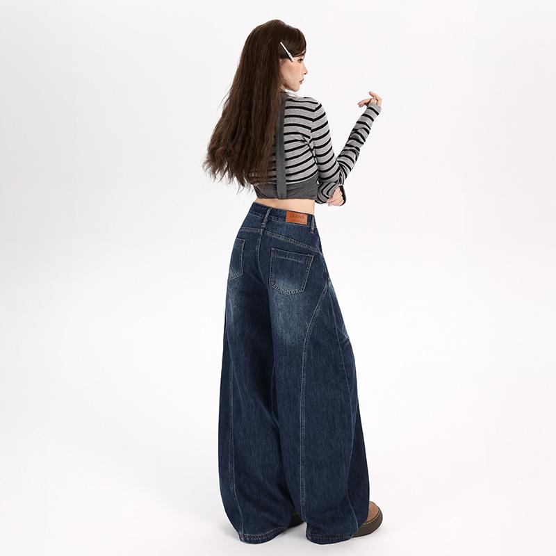 Retro Blue Scimitar Jeans Women's Spring High Waist Hip Cover Loose Wide Leg Washed Mopping Floor Slack Pants