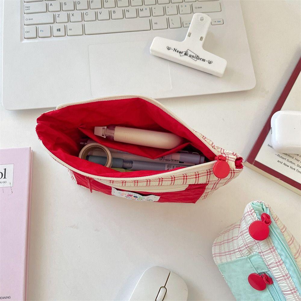 Portable Contrasting Grid Pen Case Dopamine Cute Makeup Bag Casual Cartoon Stationery Box School