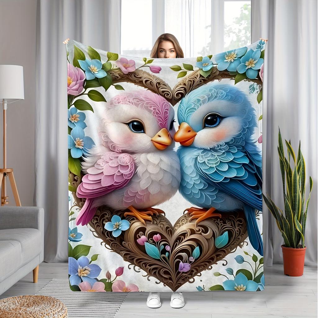 cute pattern of two birds Flannel printed blanket suitable for all seasons suitable for living room office sofa and travel