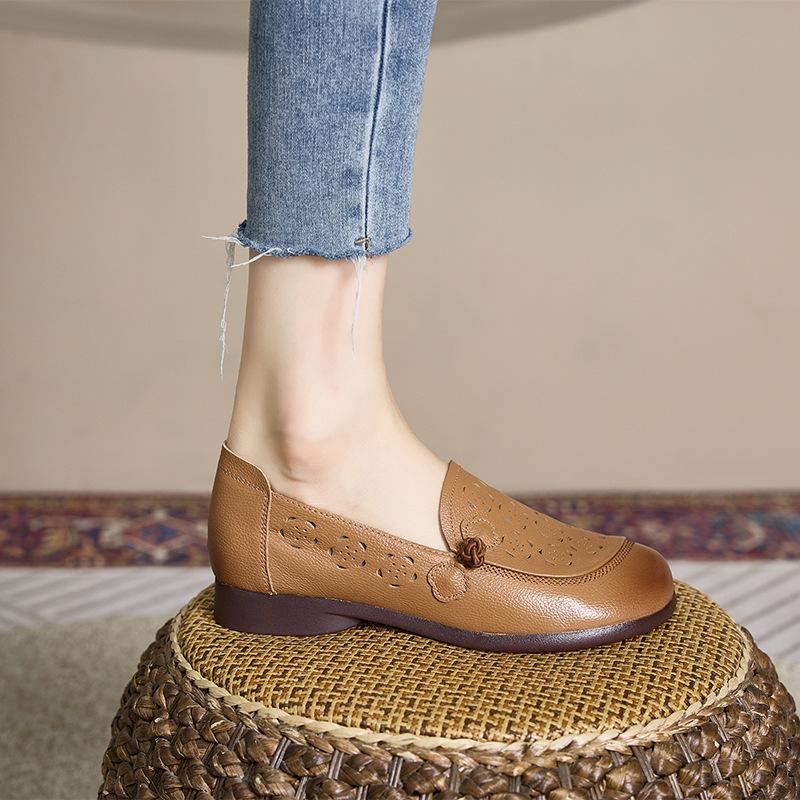Материнские туфли из коровьей кожи первого слоя, женские туфли из мягкой кожи на мягкой подошве, нескользящие с перфорацией, женские туфли для среднего и пожилого возраста, летние удобные с перфорацией, повседневные