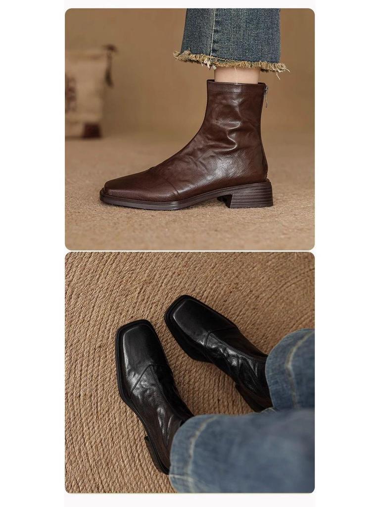 Lambskin Slimming Ankle Boots 2025: Women's Mid-Heel Vintage Martin Boots, Black Square Toe, Autumn/Winter Collection.
