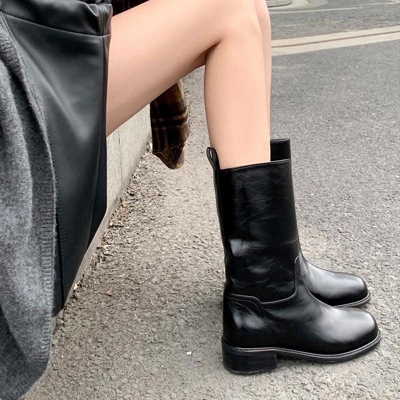 Cowhide Retro Premium Wide Leather Western Boots Thick Heel Medium Tube Knight Short Boots Women's Autumn and Winter Martin Boots