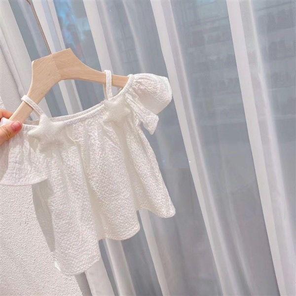 Летние детские футболки с милым принтом для девочек, свободная футболка с открытыми плечами на слинге с короткими рукавами и звездами, детская рубашка, однотонный топ